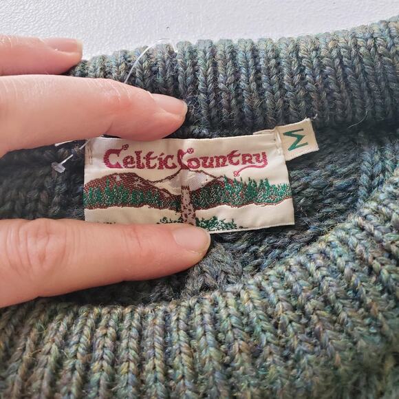 Celtic Country Sweater Mens Medium Green Cable Knit Aran Fisherman Crewneck - Picture 4 of 11